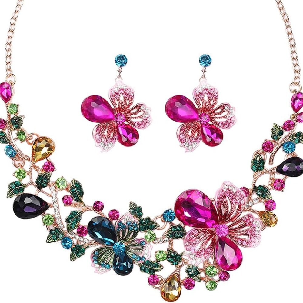 Noble Diamond Crystal Flower Chain Choker Collar Necklace Earrings Set